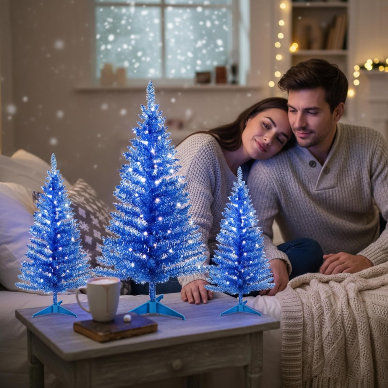 Realspring Blue 3 Pcs Mini Christmas Tree with Lights Tabletop 20/14/8 Inch Small Artificial Xmas Trees Miniature Pine Xmas Tree Bottle Brush Trees for Christmas Home Table Decor